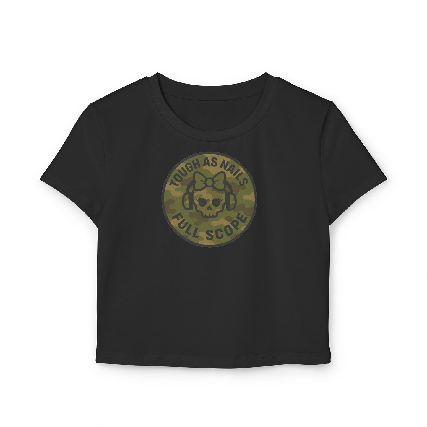 Women's Tough as Nails Women's Crop-Top Tee, Cute Camouflage Skull Shirt, Survival Apparel, Edgy Graphic Tee, Gift for Her, Casual Summer Top