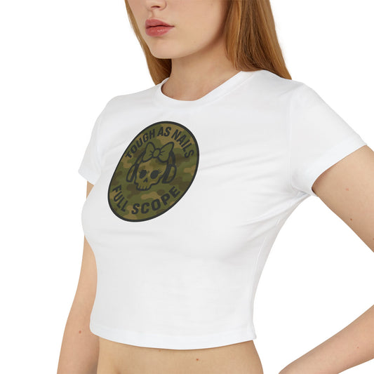 Women's Tough as Nails Women's Crop-Top Tee, Cute Camouflage Skull Shirt, Survival Apparel, Edgy Graphic Tee, Gift for Her, Casual Summer Top - Full Scope Survival 